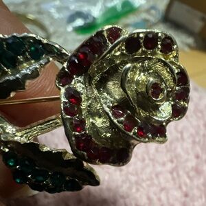 Vintage-1960's Antique light gold red  & Green Rhinestone pin brooch